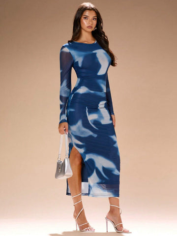 2pcs Women's Blue Ink Dye Mesh Printed Long Sleeve T-Shirt And Bandage Long Skirt Fall&Winter Set