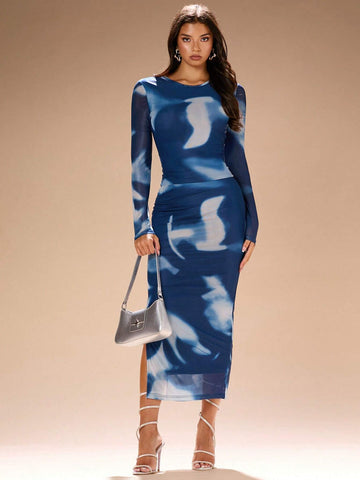 2pcs Women's Blue Ink Dye Mesh Printed Long Sleeve T-Shirt And Bandage Long Skirt Fall&Winter Set