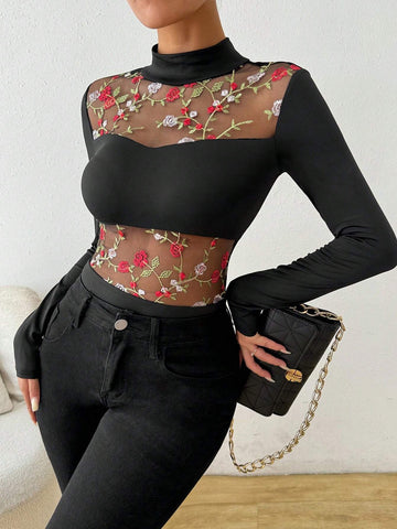 Women's Embroidered Mesh Patchwork Bodysuit With Long Sleeves