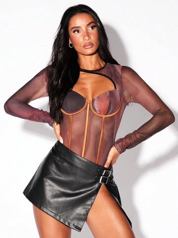 Women's Gradient Mesh Fabric Contrasting Stripes Hollow Out Asymmetrical Collar Bodysuits Halloween Part