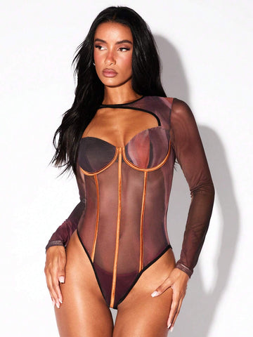 Women's Gradient Mesh Fabric Contrasting Stripes Hollow Out Asymmetrical Collar Bodysuits Halloween Part