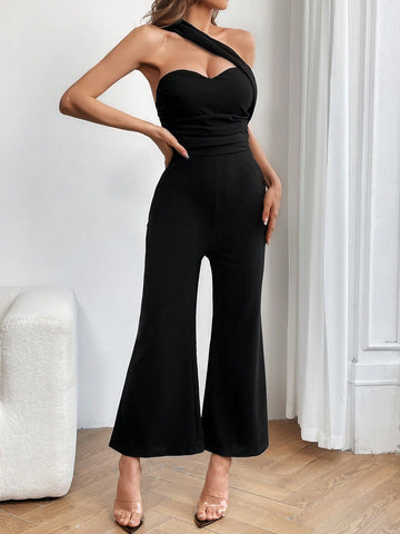 Women'S One Shoulder Jumpsuit With Pocket & Side Stripe Detail