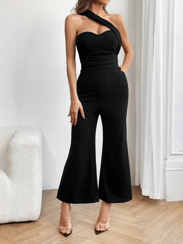 Women'S One Shoulder Jumpsuit With Pocket & Side Stripe Detail