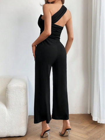 Women'S One Shoulder Jumpsuit With Pocket & Side Stripe Detail