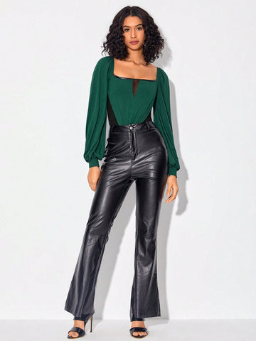 Two Tone Square Neck Lantern Sleeve Bodysuit