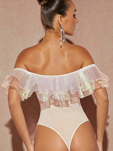 Off Shoulder Mesh Ruffle Trim Bodysuit