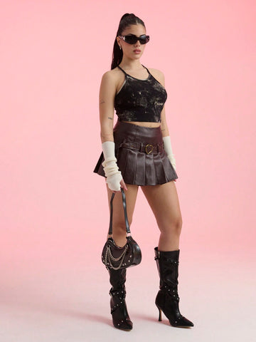 Lucía Bellido Affinna Retro Academic Sweet Exaggerated Waist Belt Patchwork Pleated Design Low-Waist Women's Mini Skirt