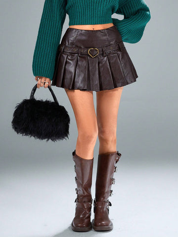 Lucía Bellido Affinna Retro Academic Sweet Exaggerated Waist Belt Patchwork Pleated Design Low-Waist Women's Mini Skirt