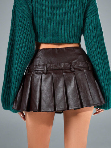 Lucía Bellido Affinna Retro Academic Sweet Exaggerated Waist Belt Patchwork Pleated Design Low-Waist Women's Mini Skirt