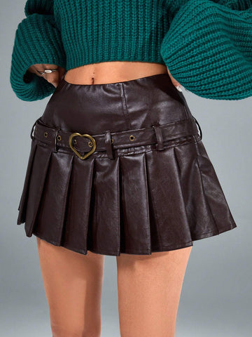 Lucía Bellido Affinna Retro Academic Sweet Exaggerated Waist Belt Patchwork Pleated Design Low-Waist Women's Mini Skirt