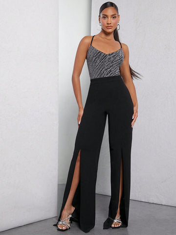 Contrast Glitter Split Thigh Cami Jumpsuit