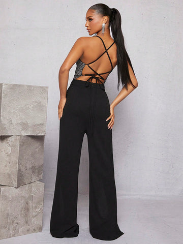 Contrast Glitter Split Thigh Cami Jumpsuit