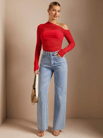 BAE Off Shoulder Pucker Up See Through Fitted T-Shirt