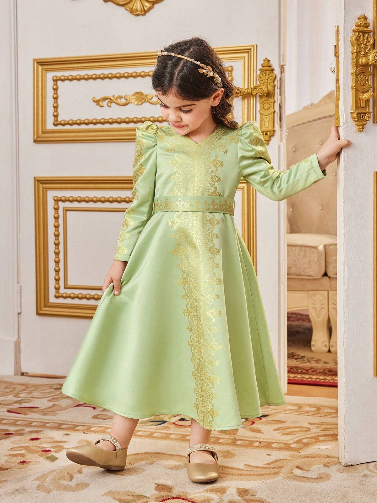 Yound Girl Gold Foil Printed Floral Vacation Cute V-Neck Bubble Sleeve Long Sleeve Midi Length Dress