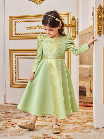 Yound Girl Gold Foil Printed Floral Vacation Cute V-Neck Bubble Sleeve Long Sleeve Midi Length Dress