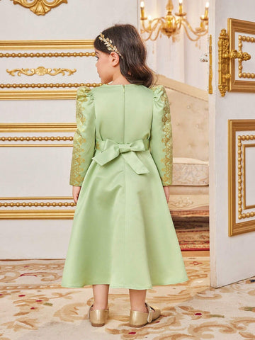 Yound Girl Gold Foil Printed Floral Vacation Cute V-Neck Bubble Sleeve Long Sleeve Midi Length Dress