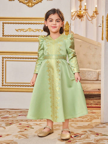 Yound Girl Gold Foil Printed Floral Vacation Cute V-Neck Bubble Sleeve Long Sleeve Midi Length Dress