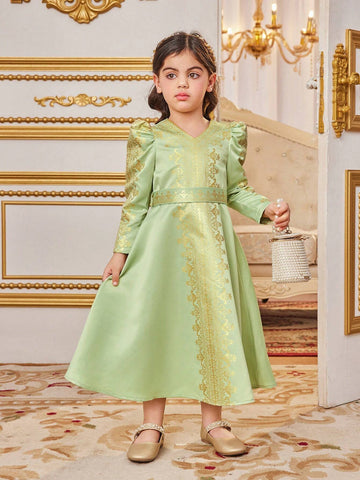 Yound Girl Gold Foil Printed Floral Vacation Cute V-Neck Bubble Sleeve Long Sleeve Midi Length Dress