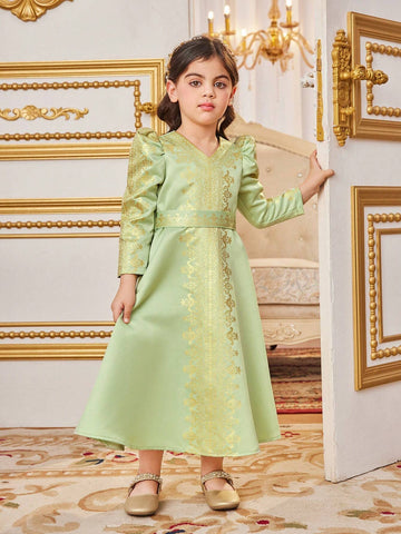 Yound Girl Gold Foil Printed Floral Vacation Cute V-Neck Bubble Sleeve Long Sleeve Midi Length Dress