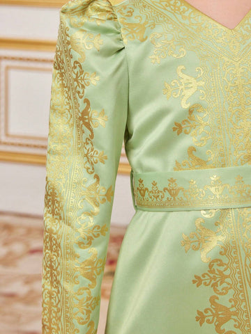 Yound Girl Gold Foil Printed Floral Vacation Cute V-Neck Bubble Sleeve Long Sleeve Midi Length Dress