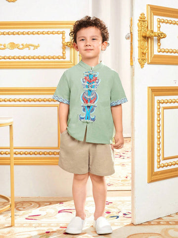Young Boys' Combination Casual Stand Collar Short Sleeve Shirt And Shorts Set With Traditional Chinese Elements