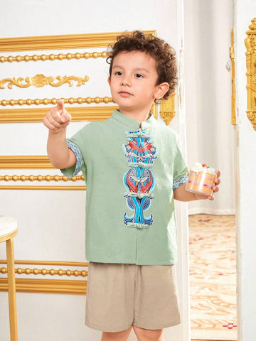 Young Boys' Combination Casual Stand Collar Short Sleeve Shirt And Shorts Set With Traditional Chinese Elements