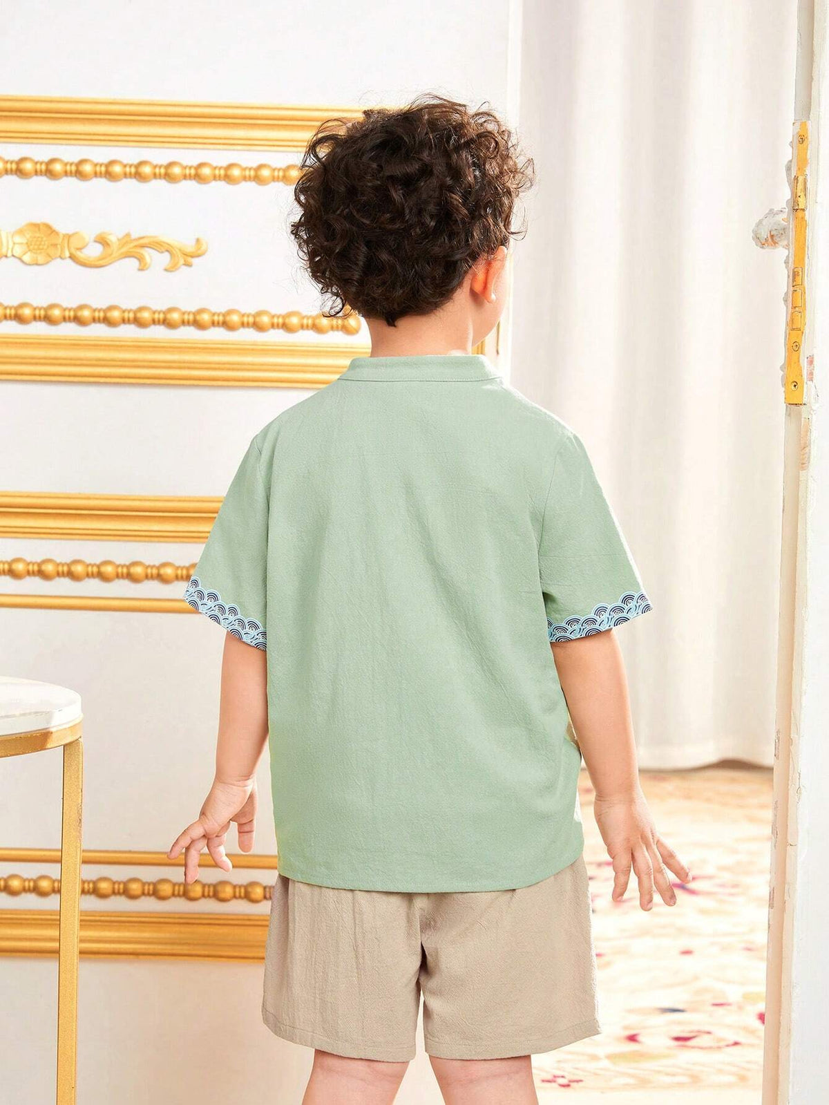 Young Boys' Combination Casual Stand Collar Short Sleeve Shirt And Shorts Set With Traditional Chinese Elements