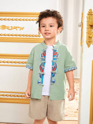 Young Boys' Combination Casual Stand Collar Short Sleeve Shirt And Shorts Set With Traditional Chinese Elements