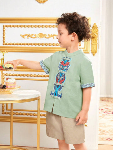 Young Boys' Combination Casual Stand Collar Short Sleeve Shirt And Shorts Set With Traditional Chinese Elements