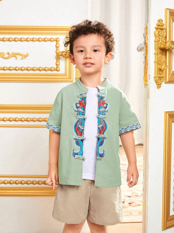 Young Boys' Combination Casual Stand Collar Short Sleeve Shirt And Shorts Set With Traditional Chinese Elements