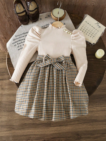Young GirlLeg Of Mutton Sleeves Knitted Pit Strips Mock Neck Gingham Print Dress,Leg Of Mutton Sleeves