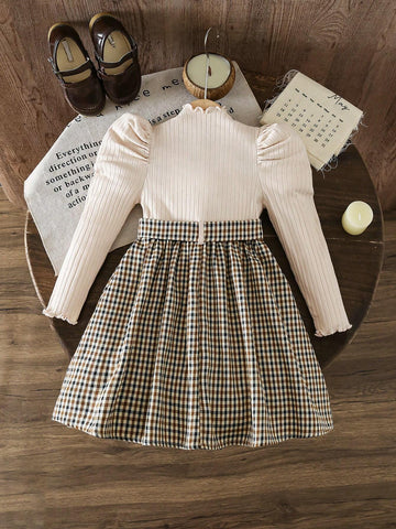Young GirlLeg Of Mutton Sleeves Knitted Pit Strips Mock Neck Gingham Print Dress,Leg Of Mutton Sleeves