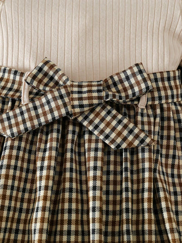 Young GirlLeg Of Mutton Sleeves Knitted Pit Strips Mock Neck Gingham Print Dress,Leg Of Mutton Sleeves