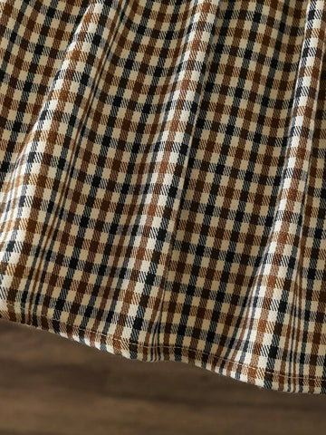 Young GirlLeg Of Mutton Sleeves Knitted Pit Strips Mock Neck Gingham Print Dress,Leg Of Mutton Sleeves