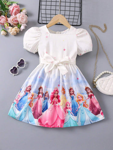 Young Girl'S Bubble Short Sleeve Belted Dress