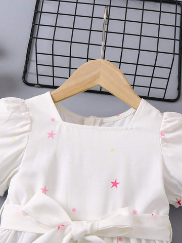 Young Girl'S Bubble Short Sleeve Belted Dress