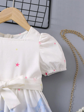Young Girl'S Bubble Short Sleeve Belted Dress