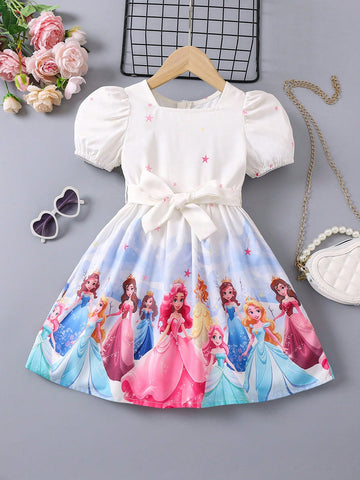 Young Girl'S Bubble Short Sleeve Belted Dress