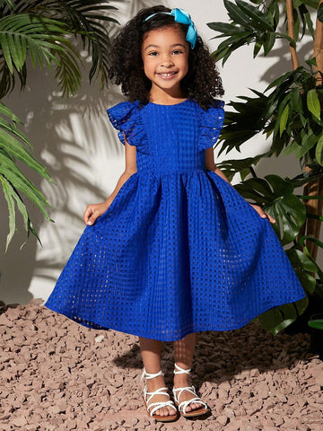 Young Girl'S Weave Elegant Plaid & Texture Pattern Dress With Ruffle Hem And Back Zipper