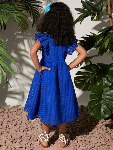 Young Girl'S Weave Elegant Plaid & Texture Pattern Dress With Ruffle Hem And Back Zipper