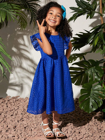 Young Girl'S Weave Elegant Plaid & Texture Pattern Dress With Ruffle Hem And Back Zipper