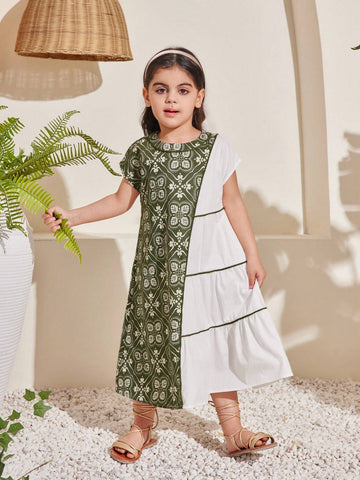 Young Girl -Candy-Colored Sleeveless Back Bowknot Printed Dress With Royal-Style Floral Pattern