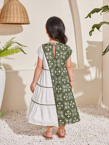 Young Girl -Candy-Colored Sleeveless Back Bowknot Printed Dress With Royal-Style Floral Pattern