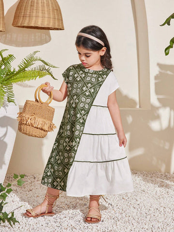 Young Girl -Candy-Colored Sleeveless Back Bowknot Printed Dress With Royal-Style Floral Pattern