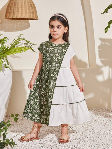 Young Girl -Candy-Colored Sleeveless Back Bowknot Printed Dress With Royal-Style Floral Pattern