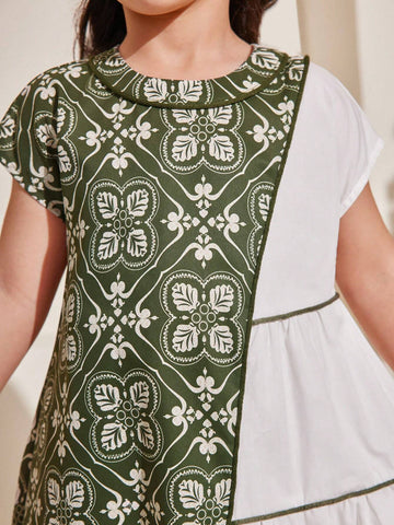 Young Girl -Candy-Colored Sleeveless Back Bowknot Printed Dress With Royal-Style Floral Pattern