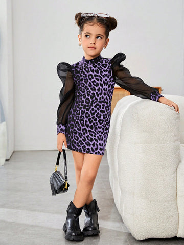 Young Girl 1pc/Set Basics Leopard Patchwork Puff Sleeves Dress,Great For Casual & Daily Wear & School Daily In Autumn & Winter