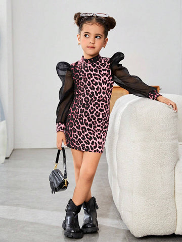 Young Girl 1pc/Set Basics Leopard Patchwork Puff Sleeves Dress,Great For Casual & Daily Wear & School Daily In Autumn & Winter, For Mommy And Me, Valentine's Day