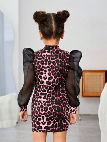 Young Girl 1pc/Set Basics Leopard Patchwork Puff Sleeves Dress,Great For Casual & Daily Wear & School Daily In Autumn & Winter, For Mommy And Me, Valentine's Day