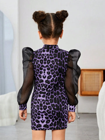Young Girl 1pc/Set Basics Leopard Patchwork Puff Sleeves Dress,Great For Casual & Daily Wear & School Daily In Autumn & Winter